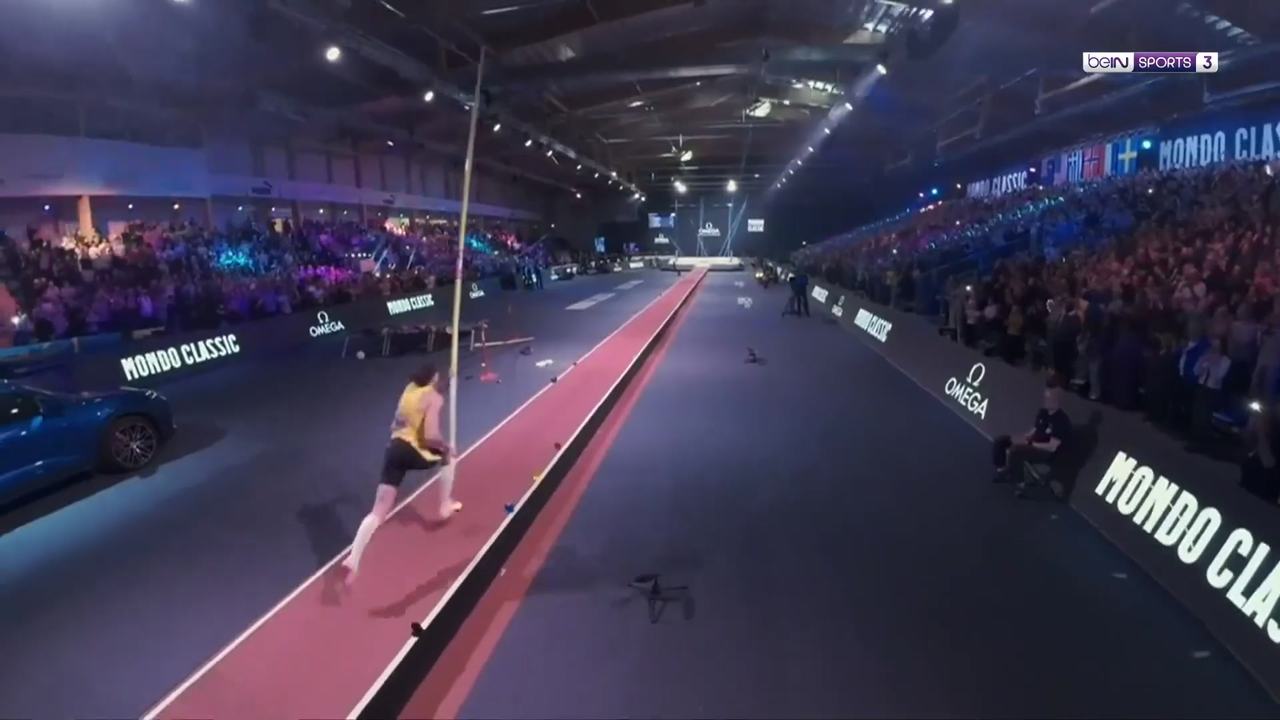 Drone view chasing Armand Duplantis down the runway on his 6.31 m world record
